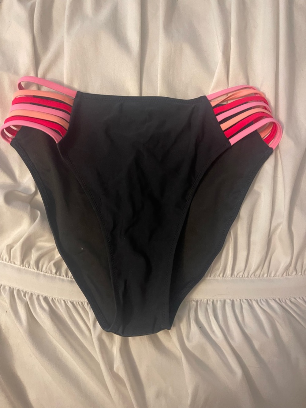 Popvil High-Waist Black Bikini Bottom with Pink Strappy Sides brand new